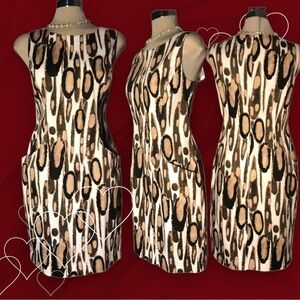 *New* TAHARI Leopard Black Beige and White Sleeveless Sheath Side Pockets Size 8